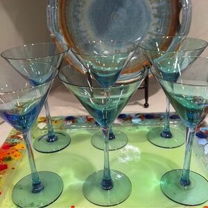 Set of  Four Aqua Blue Hand-Blown Martini Glasses